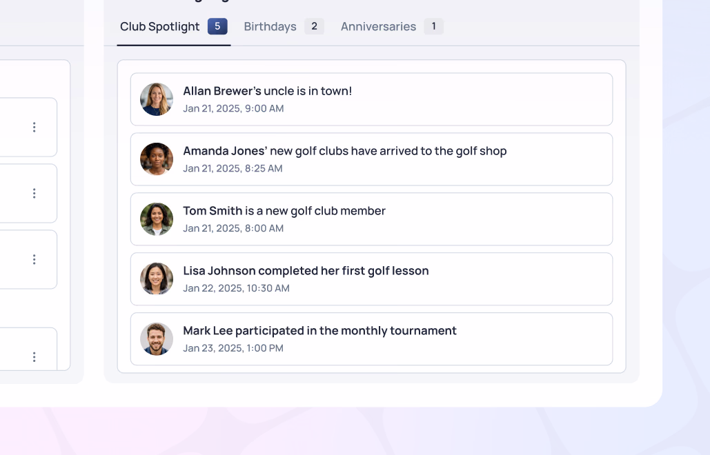 Club Spotlight tab showing member activity updates including new golf club arrivals, lesson completions, and tournament participation