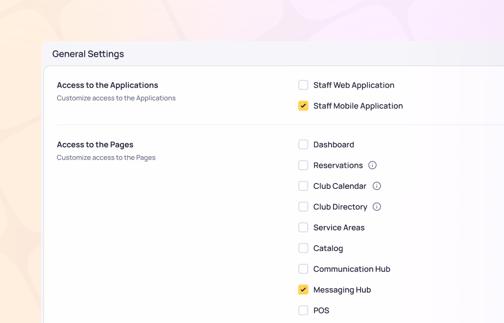 General Settings panel showing application and page access options with checkboxes for Staff Mobile Application and Messaging Hub selected