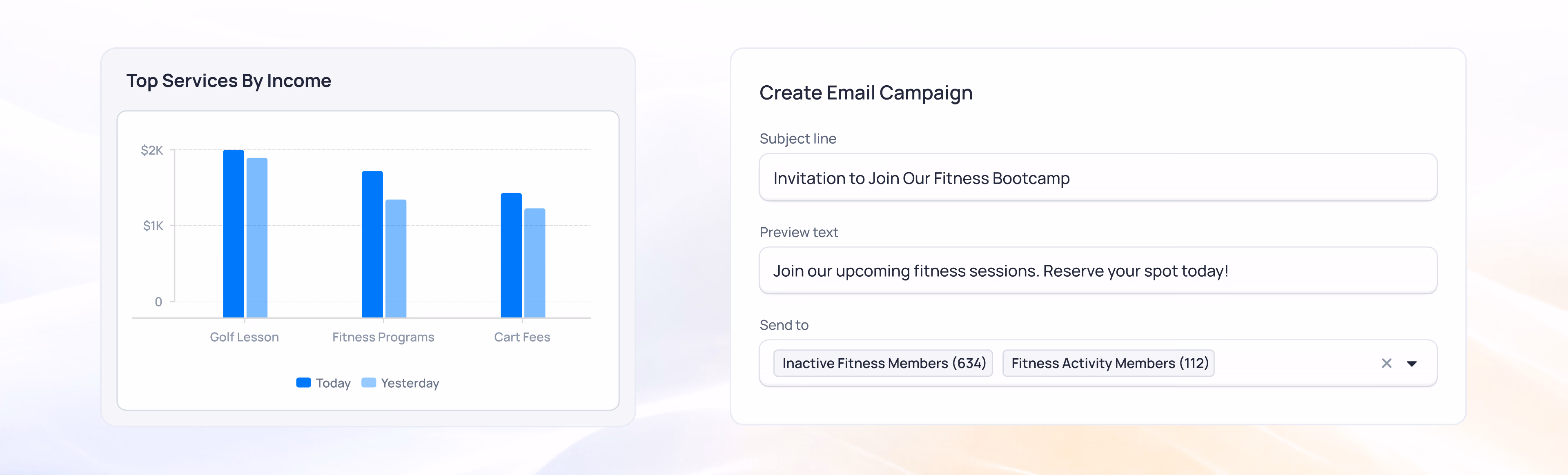 Dashboard showing top services by income bar chart and email campaign creation form with fitness bootcamp invitation option