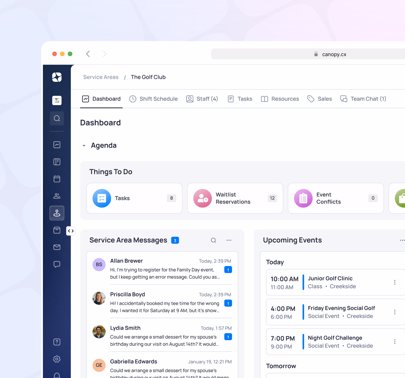 Dashboard interface for The Golf Club service area with tasks, waitlist reservations, event conflicts, and upcoming events listed