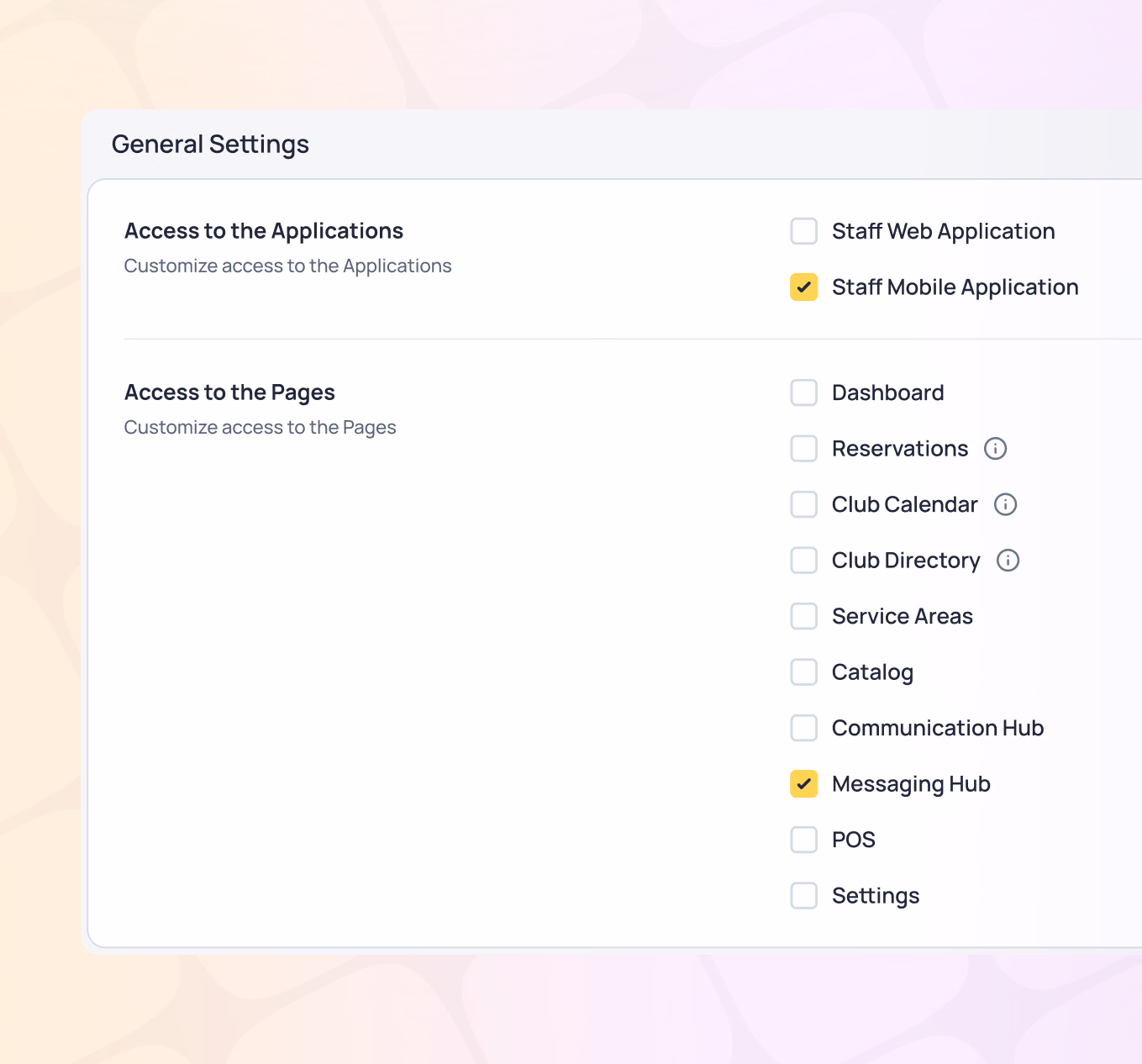 General Settings panel showing application and page access options with Staff Mobile Application and Messaging Hub checked