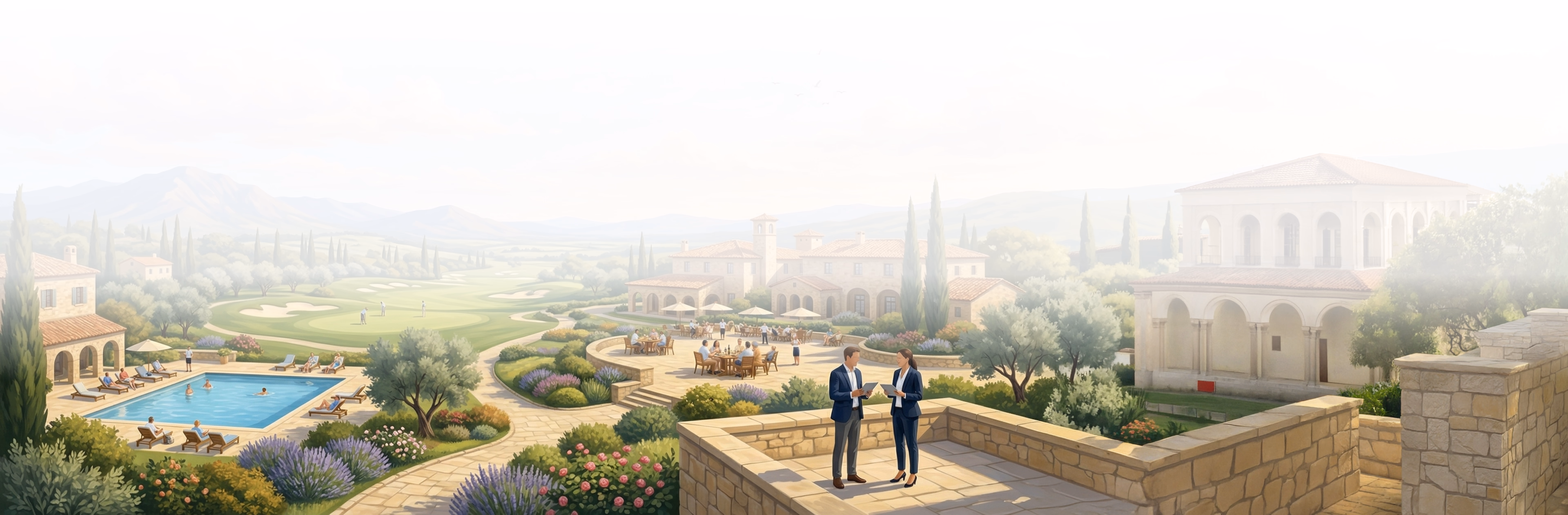 Three people standing on a terrace overlooking a sprawling urban landscape with pools, gardens, and historical architecture
