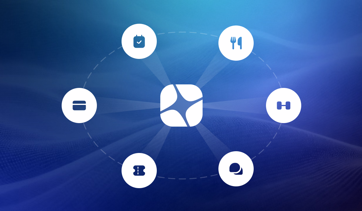 Digital hub with central icon surrounded by six connected feature icons representing integration, communication, and workflow tools