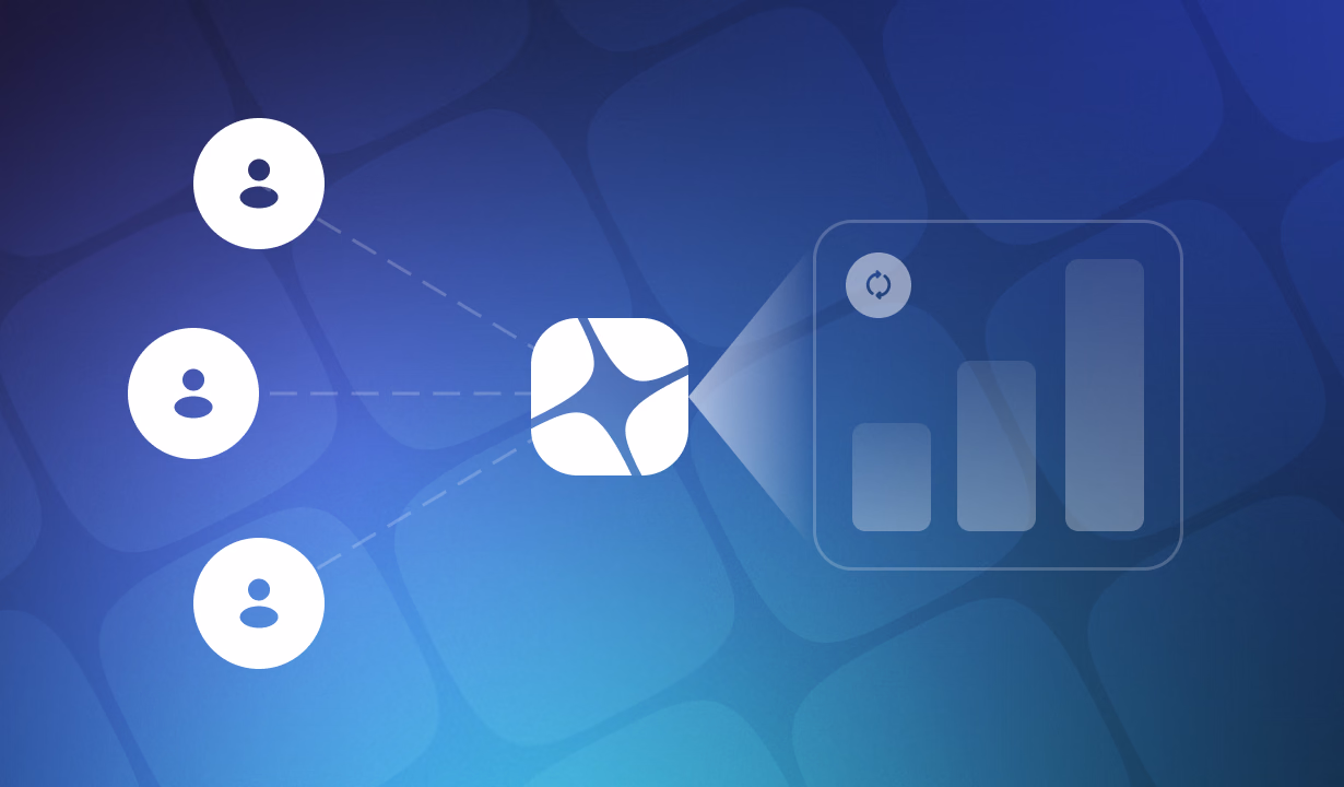 Three user icons connected by dotted lines to a central hub linking to an analytics dashboard with ascending bar chart