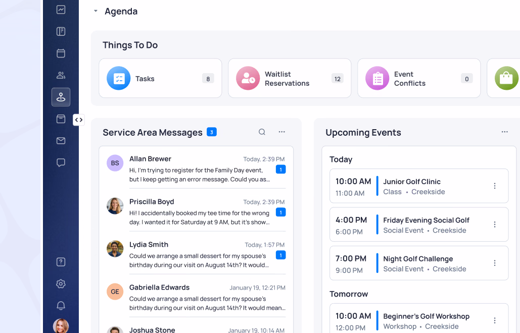 Agenda dashboard showing Tasks, Waitlist Reservations, Event Conflicts, Service Area Messages, and Upcoming Events including golf clinics and social activities