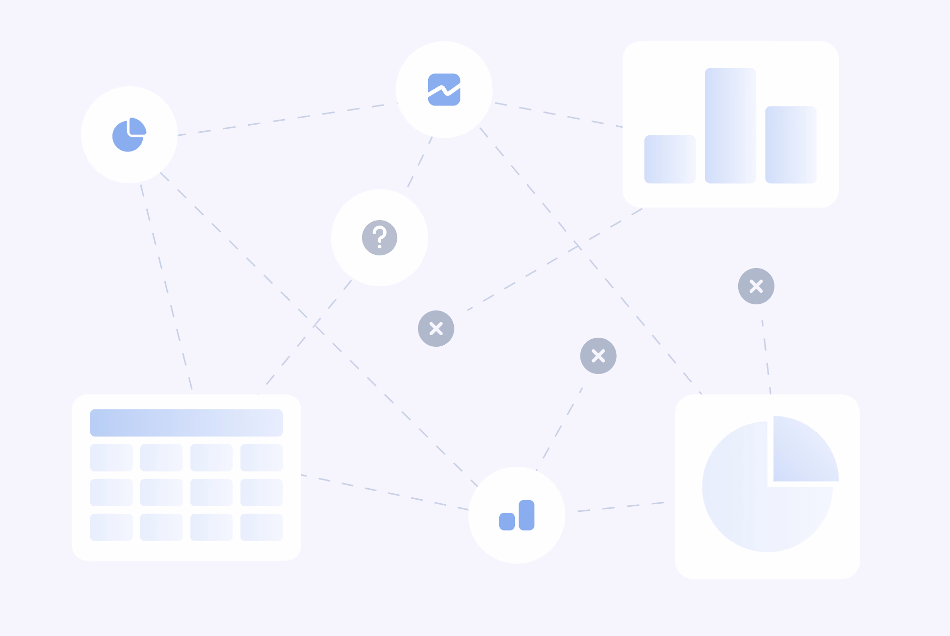 Connected data analytics dashboard with charts, calendar, and pie graphs linked by dotted lines