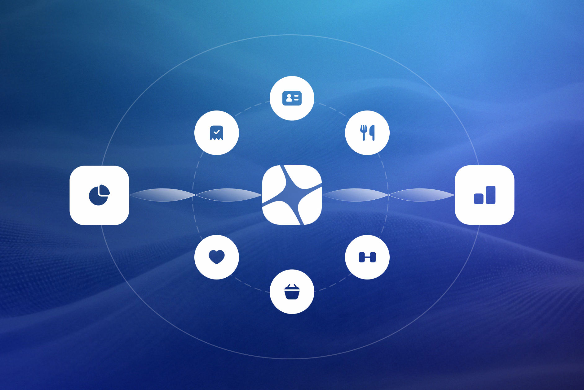 Central hub with connected icons for analytics, messaging, video, settings, health, shopping, and financial tools on blue background