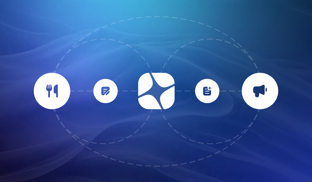 Five white icons connected by dotted lines on a blue gradient background representing integrated business tools and workflow