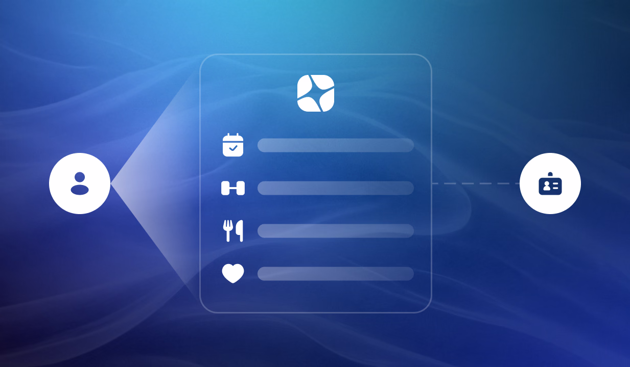 User profile interface with menu options for calendar, fitness, settings, and favorites connected to account and briefcase icons