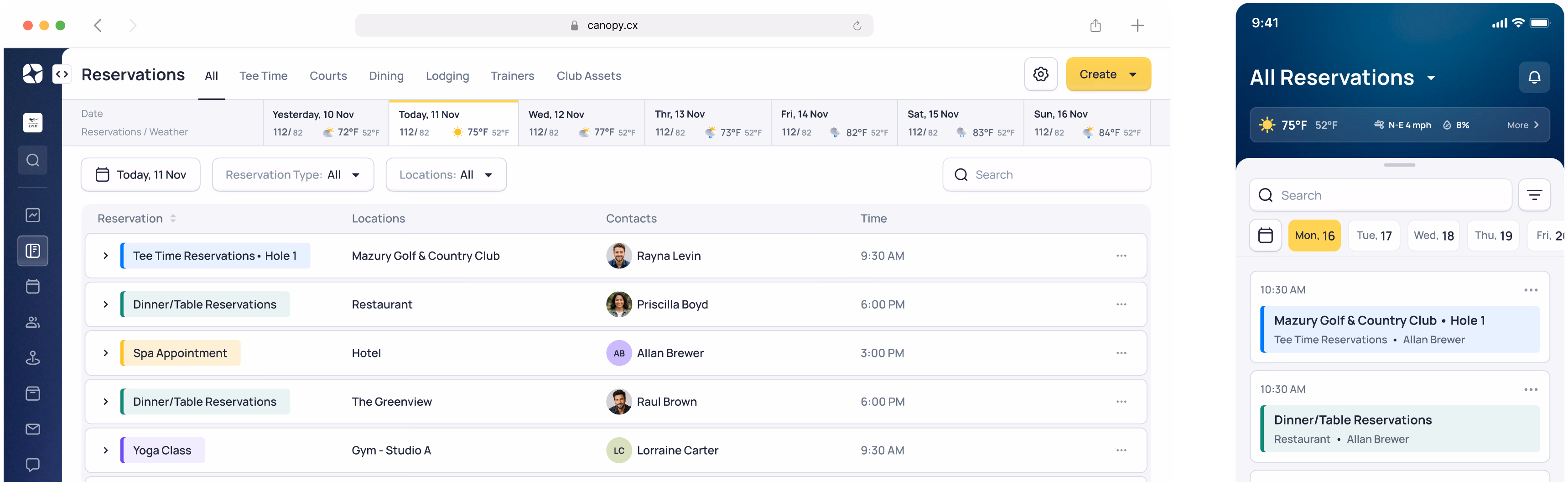 Canopy app interface showing observations list with team members, dates, times, and status indicators on desktop and mobile views