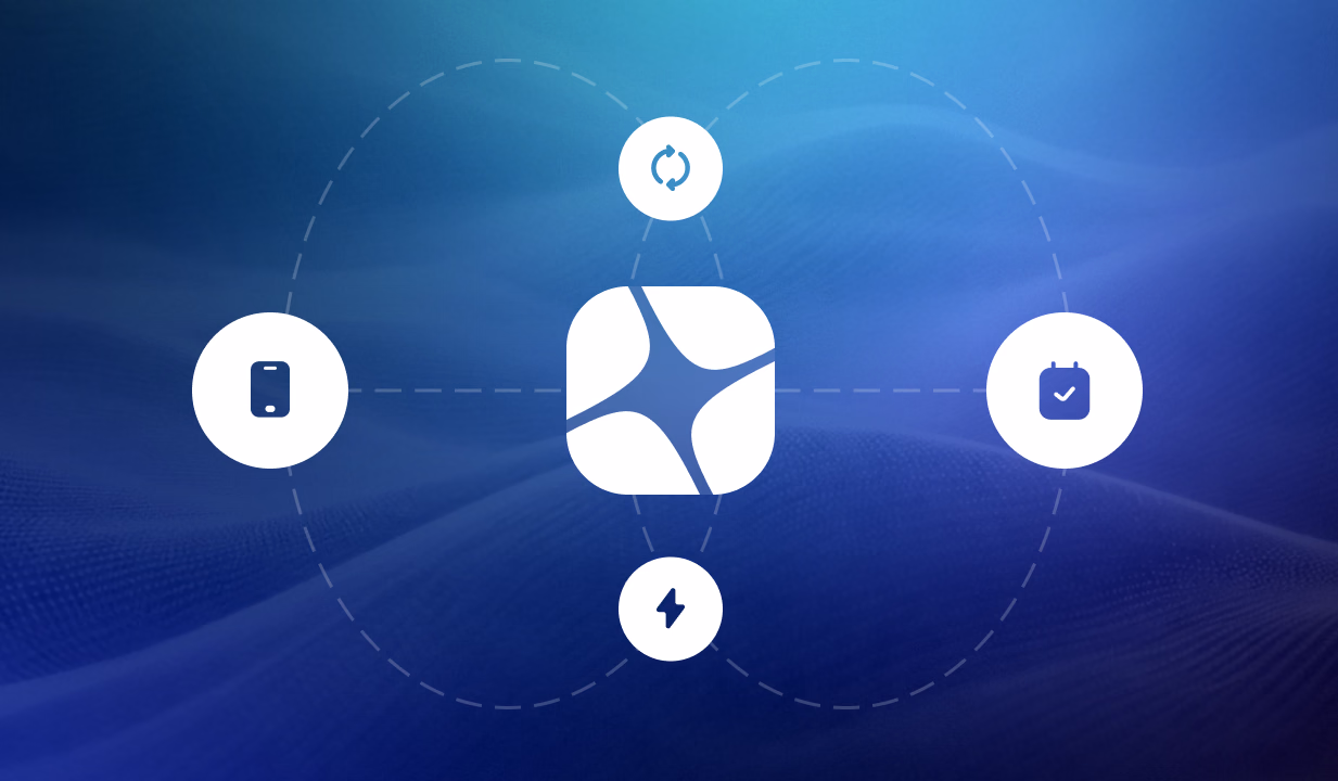 Four icons connected to a central pinwheel symbol representing device, checkmark, refresh, and power connectivity on a blue gradient background