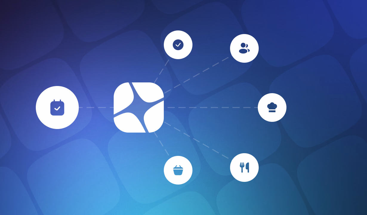 Network diagram showing a central four-petaled icon connected to six surrounding icons representing various digital services on a blue gradient background