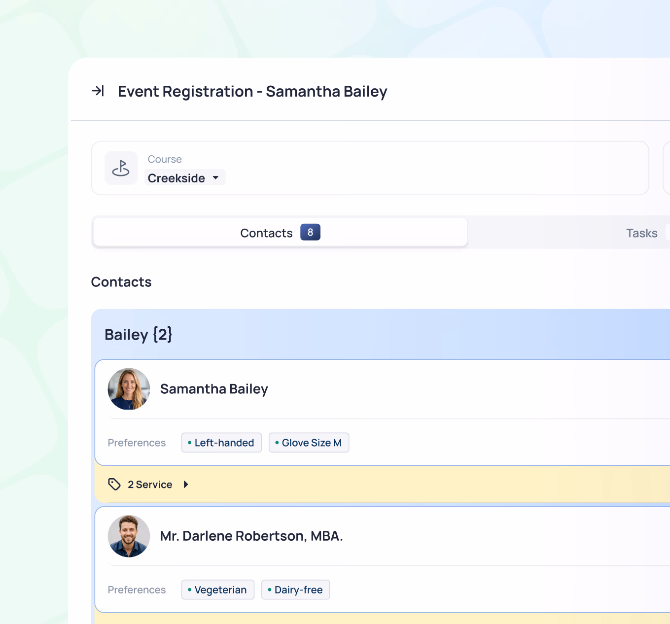 Event registration contacts for Samantha Bailey showing Bailey group with 2 entries: Samantha Bailey and Mr. Darlene Robertson, MBA, with preferences listed