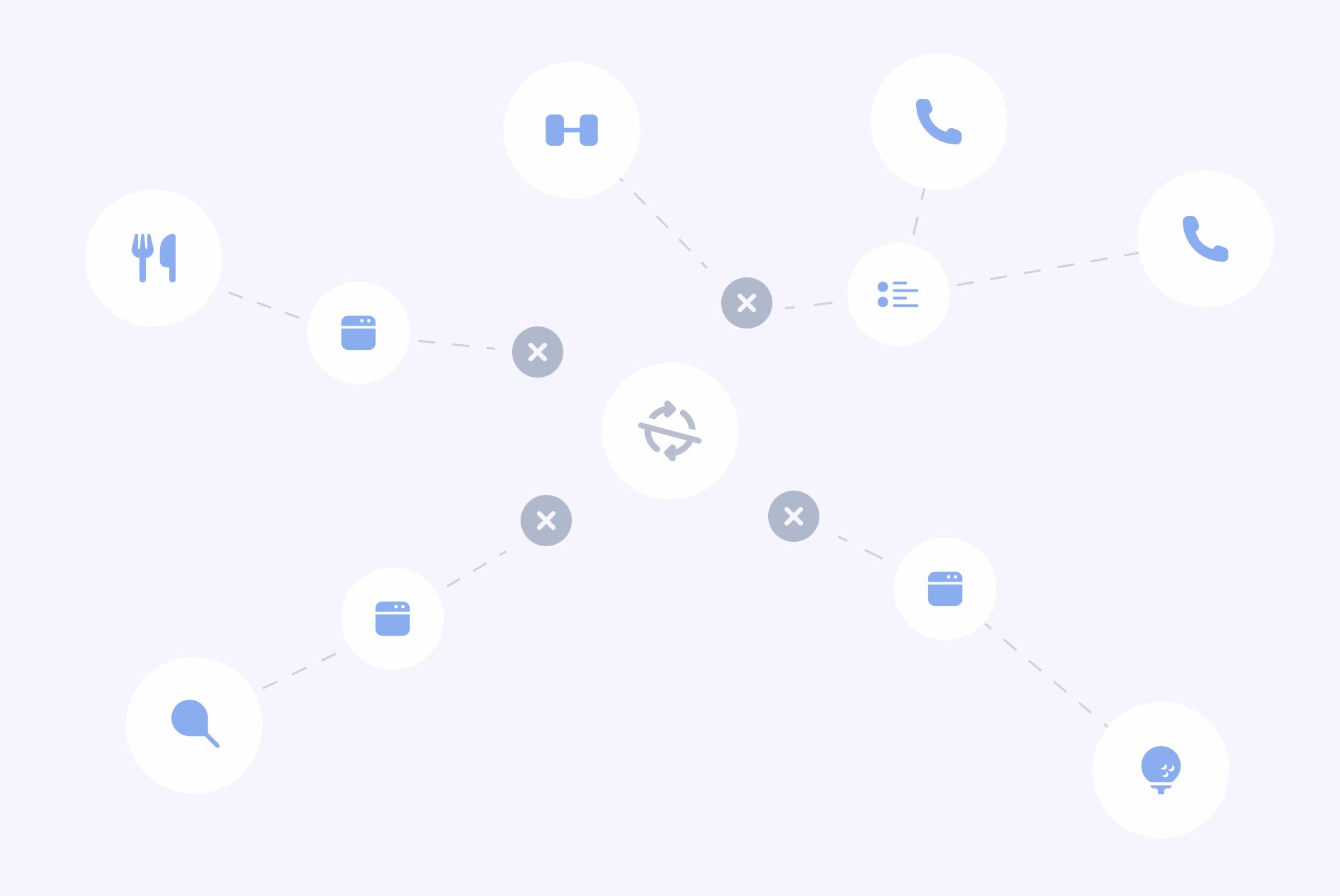 Network diagram with interconnected icons representing communication, storage, and connectivity features in a light blue color scheme