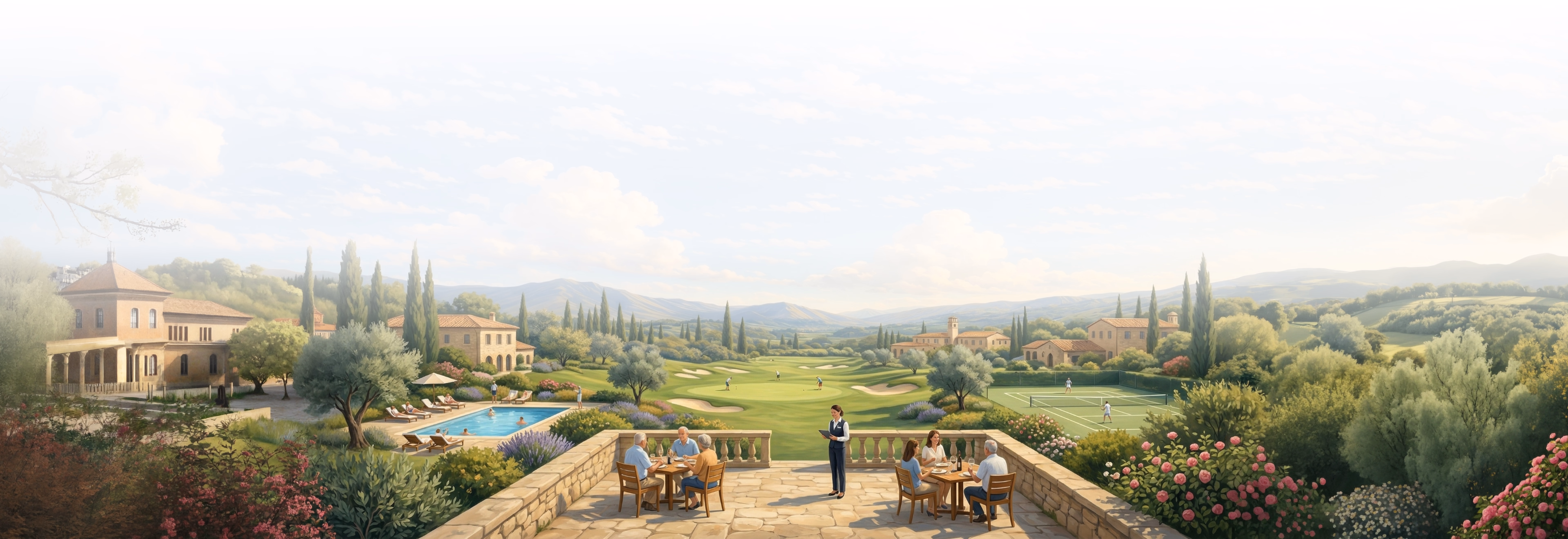 Tuscan villa terrace overlooking rolling hills, cypress trees, and manicured gardens with seated figures in foreground
