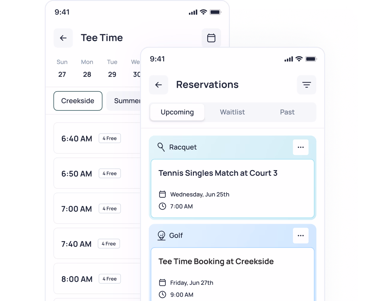 Golf and tennis reservation booking interface showing available tee times and upcoming reservations with dates and times