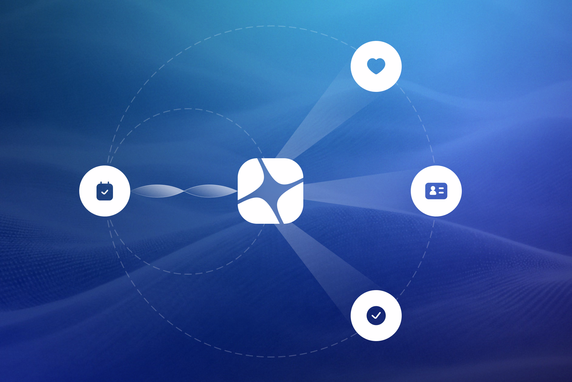 Network diagram showing a central hub connected to four peripheral icons representing different digital services on a blue gradient background