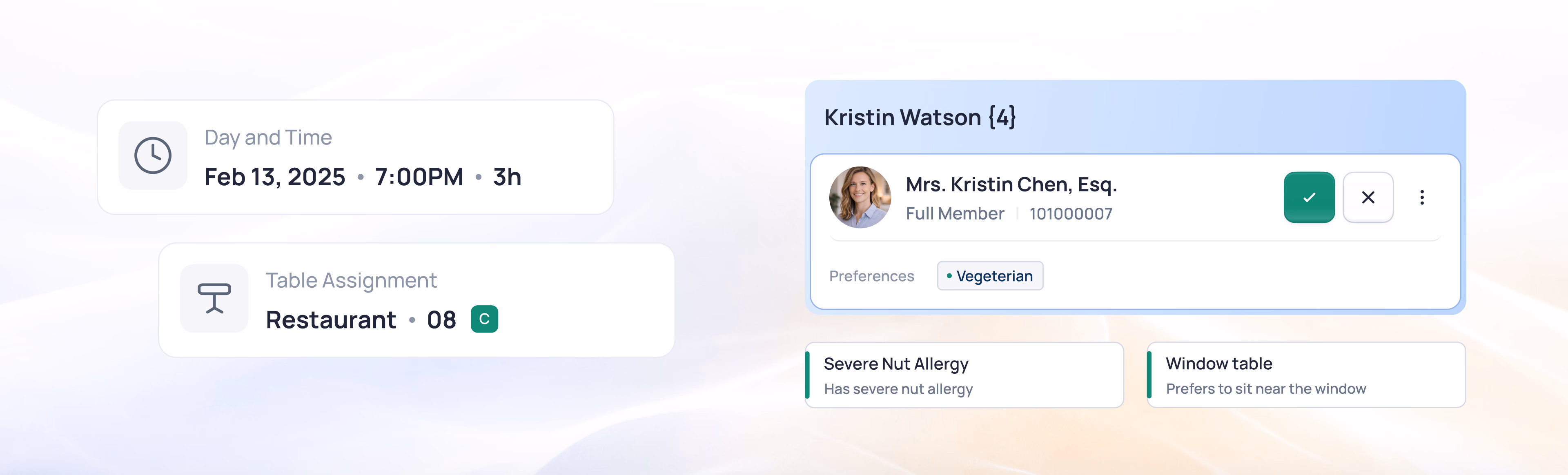 Calendar event on Feb 13, 2025 at 7:00PM with restaurant assignment and contact card for Kristin Watson