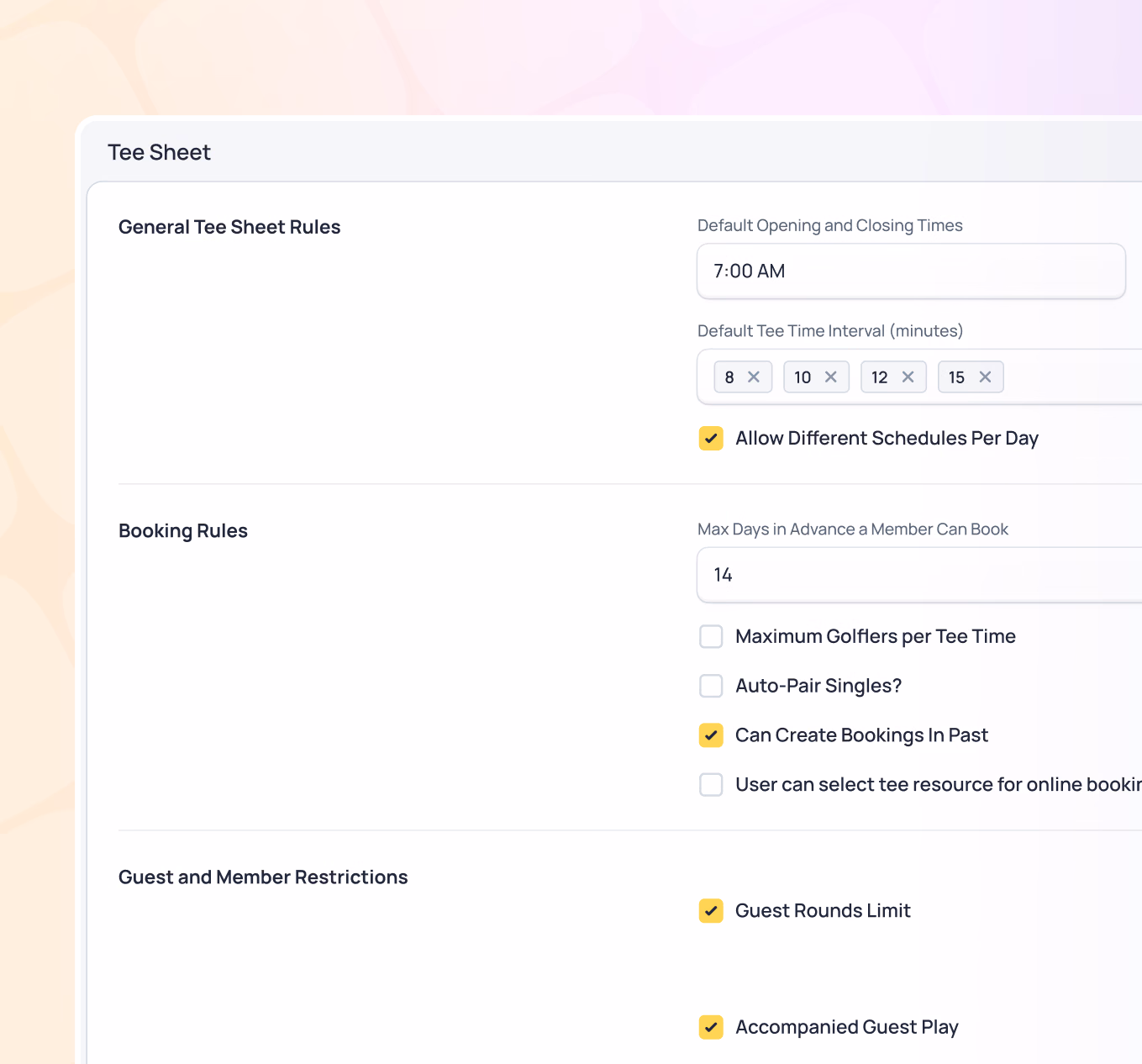 Tee Sheet settings interface showing general rules, booking rules, and guest/member restrictions with configuration options