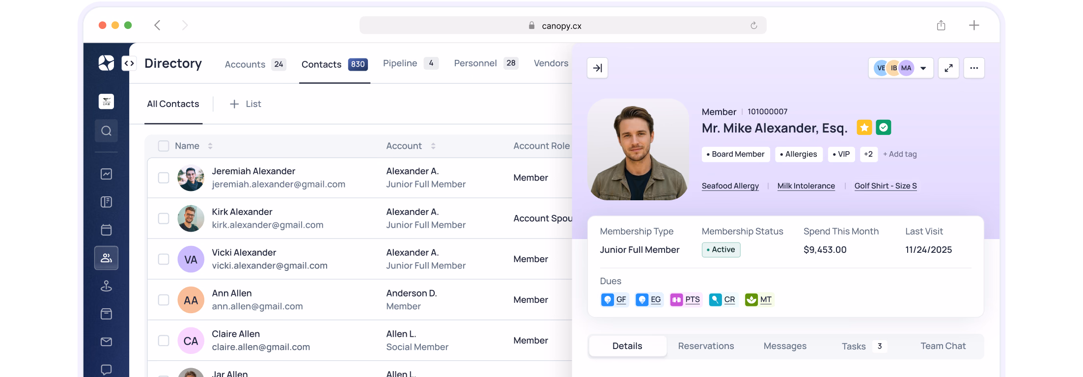 Directory interface showing member list with profiles, account details, and Mike Alexander's contact information highlighted on right panel