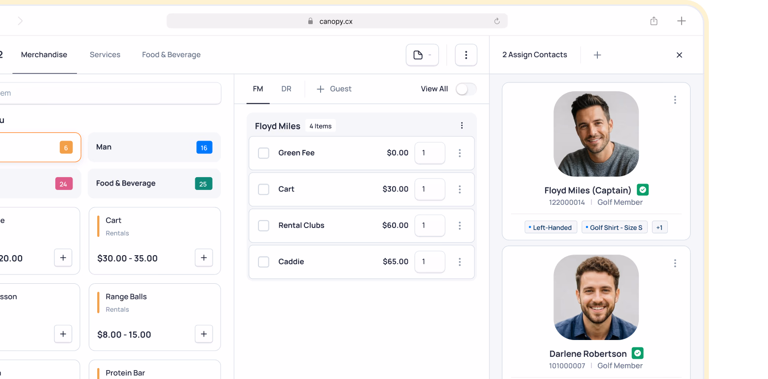 E-commerce product listing showing menu items with prices and a contacts panel displaying two team members
