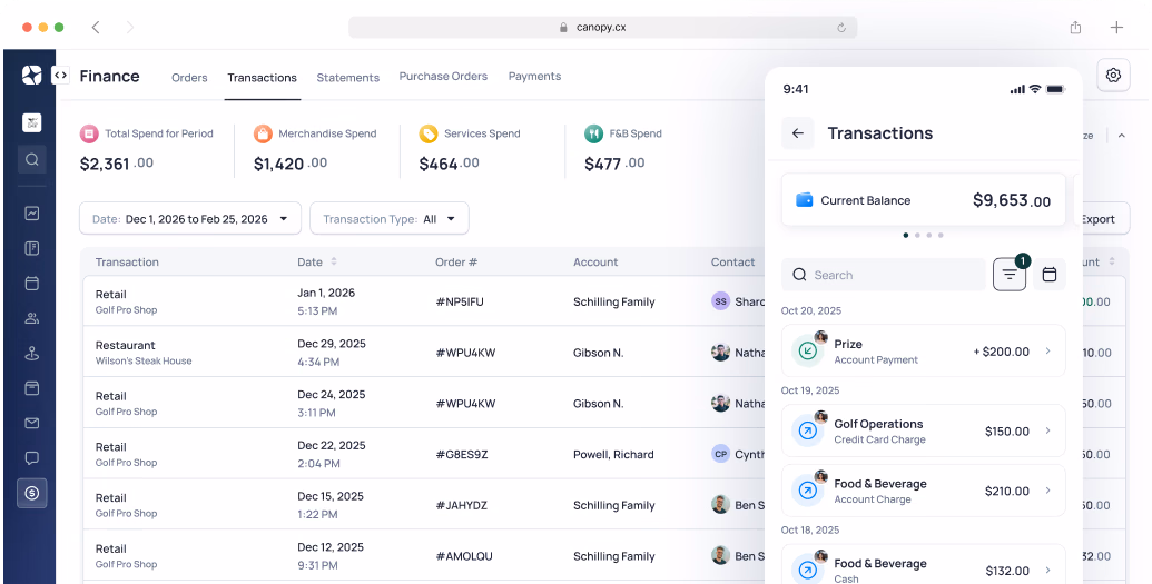 Finance app showing transaction history with current balance of $9,653.00 and recent purchases from restaurants and retail stores