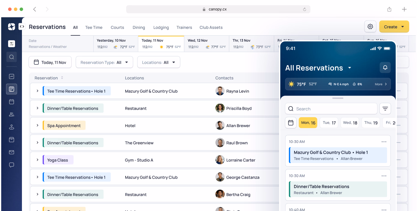 Reservations management interface showing booking list with locations, contacts, and mobile app preview displaying "All Reservations