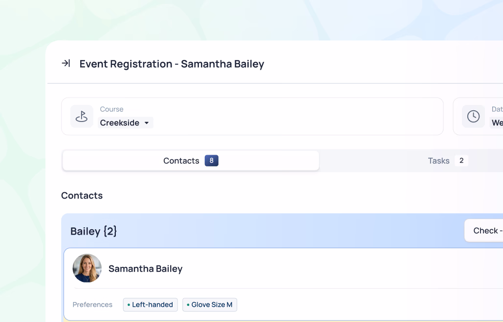 Event Registration form for Samantha Bailey showing contact details with preferences for left-handed and glove size M