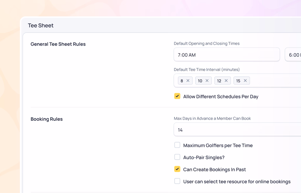 Tee Sheet settings panel showing general rules, booking options, and default opening times of 7:00 AM