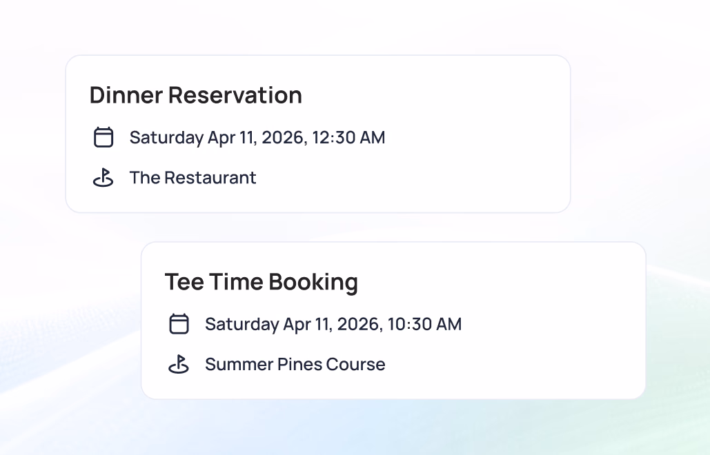 Two event bookings displayed: Dinner Reservation at The Restaurant on Saturday Apr 11, 2026 at 12:30 AM and Tee Time Booking at Summer Pines Course at 10:30 AM
