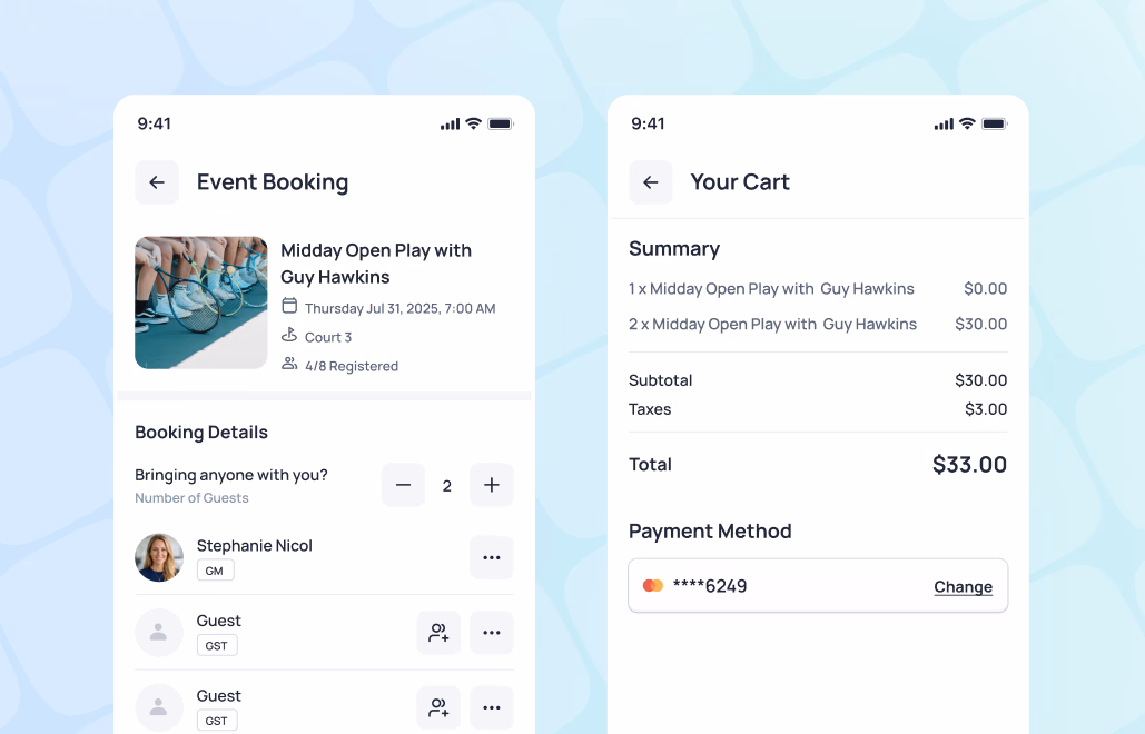 Two mobile app screens showing event booking for Midday Open Play with Guy Hawkins ($33.00 total) and cart summary with payment method