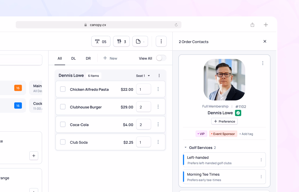 Order management interface showing menu items with prices and quantities, alongside a contact card for Dennoia Leone