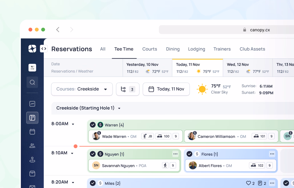 Canopy golf reservations dashboard showing tee sheet for Creekside course with multiple time slots and player names listed