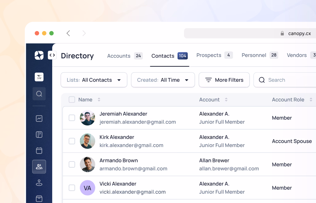 Directory contacts list showing four members with names, emails, associated accounts and roles