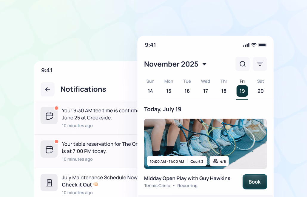 Mobile app showing November 2025 calendar with notifications for reservations and maintenance schedule, plus midday open play booking option