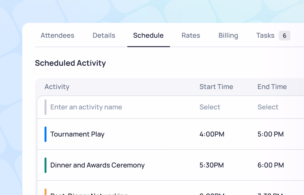 Schedule tab showing scheduled activities including Tournament Play at 4:00PM and Dinner and Awards Ceremony at 5:30PM