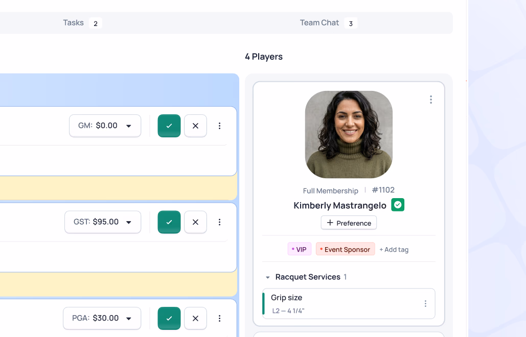 Project management interface showing tasks, team chat, and player profile for Kimberly Mastrangelo with membership and racquet services details