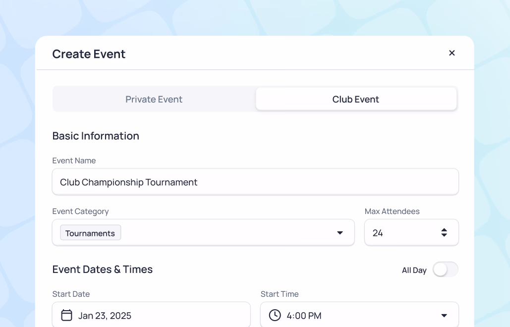 Create Event form for Club Championship Tournament scheduled Jan 23, 2025 at 4:00 PM with max 24 attendees
