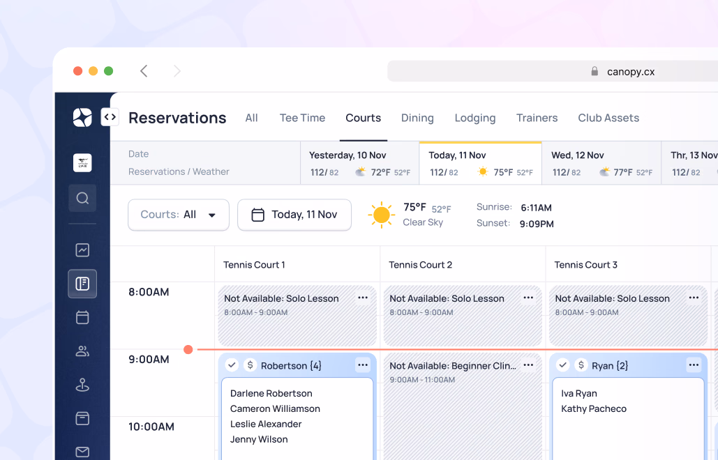 Tennis court reservation booking interface showing availability across three courts with time slots and instructor names for Nov 11