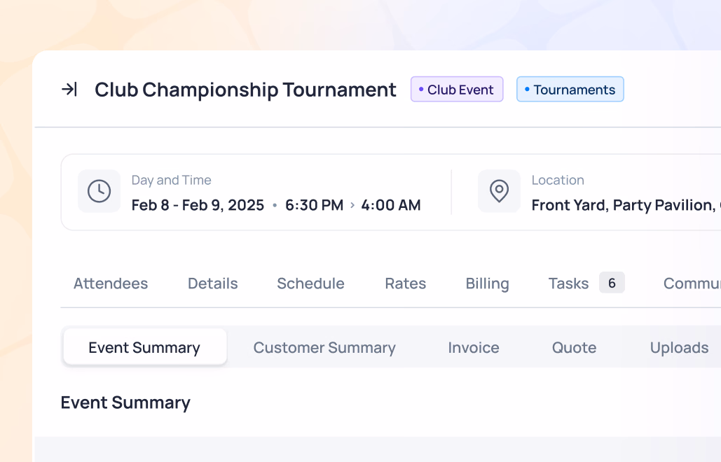 Club Championship Tournament event details showing Feb 8-9, 2025 at Front Yard Party Pavilion with registration tabs