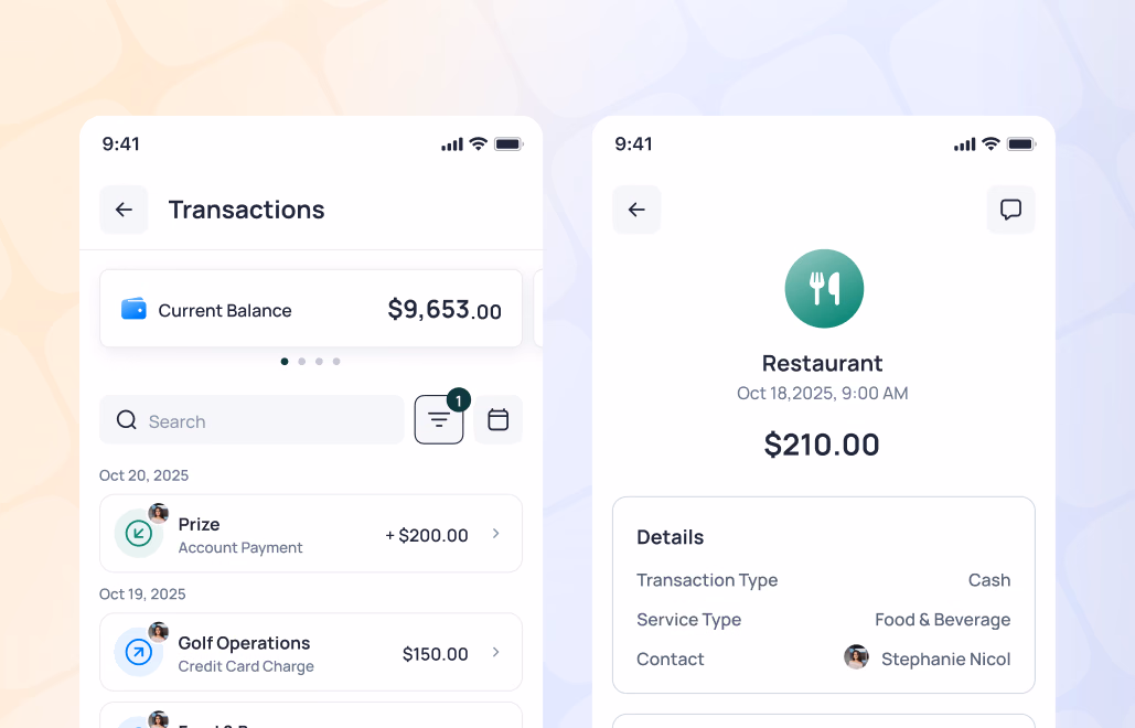 Mobile banking app screens showing transaction history with $9,653 balance and restaurant payment details of $210.00