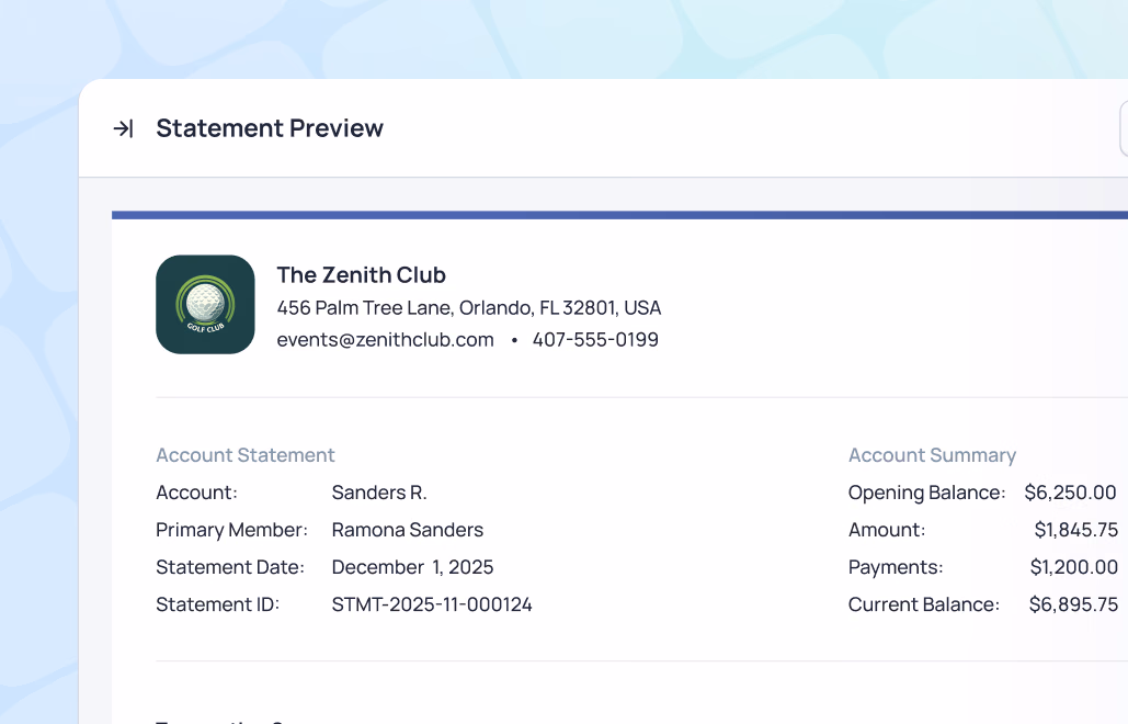 Statement preview for The Zenith Club account showing opening balance of $6,250.00 and current balance of $6,895.75