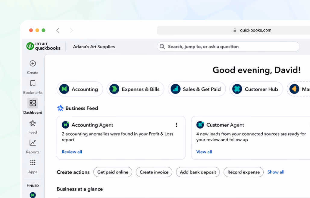 QuickBooks dashboard showing Business Feed with Accounting Agent and Customer Agent notifications, plus action buttons for invoicing and expense recording