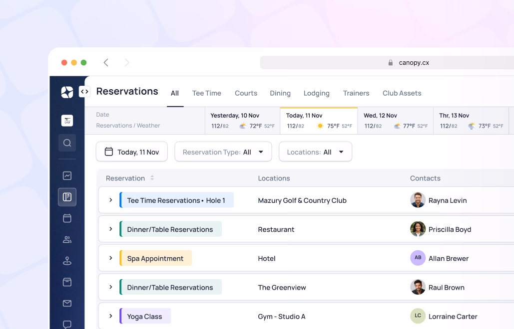 Reservations dashboard showing bookings at various locations with contact information for Nov 10-13
