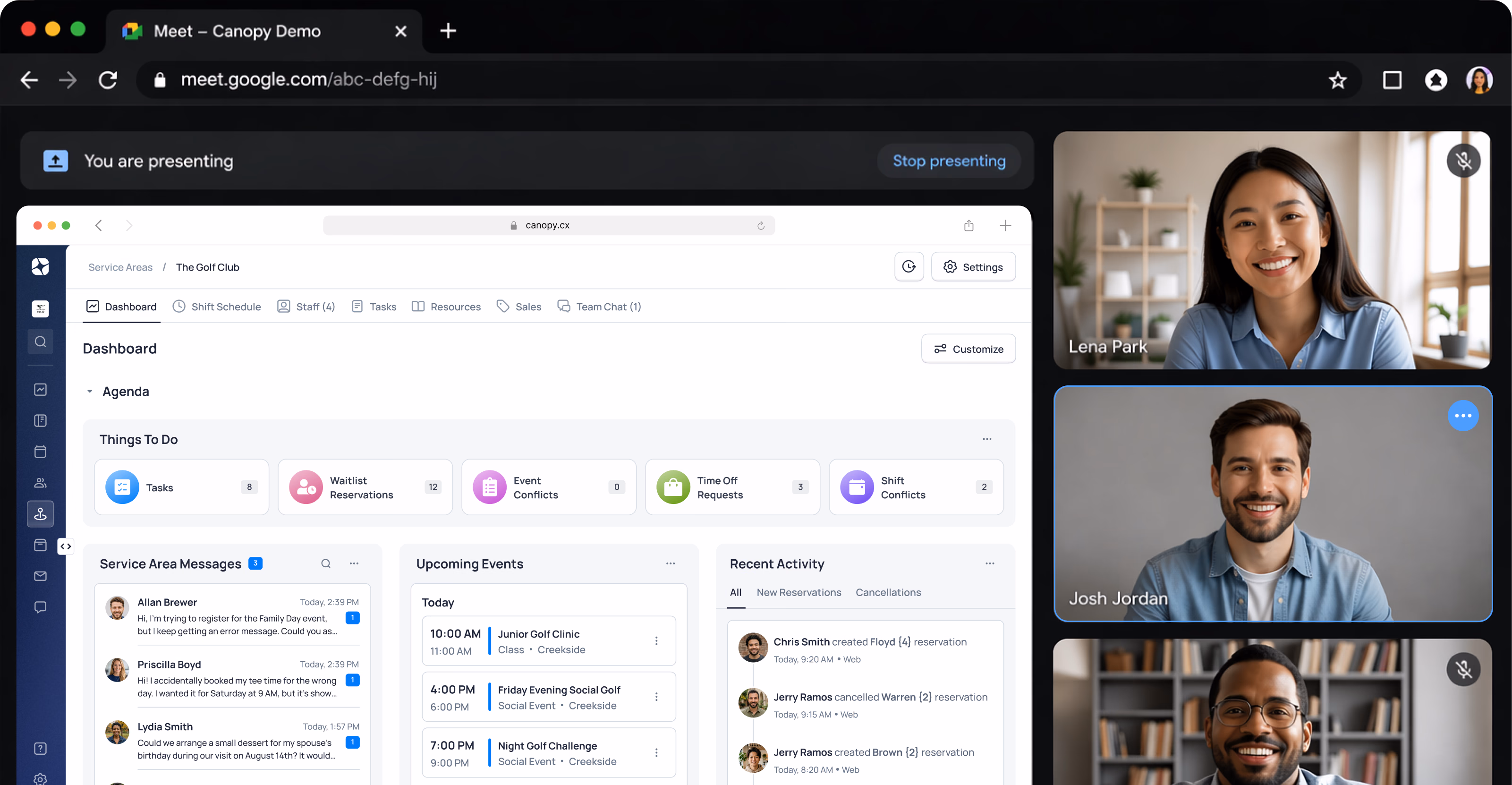 Google Meet interface showing dashboard with recent messages, activity feed, and three video participants on the right side