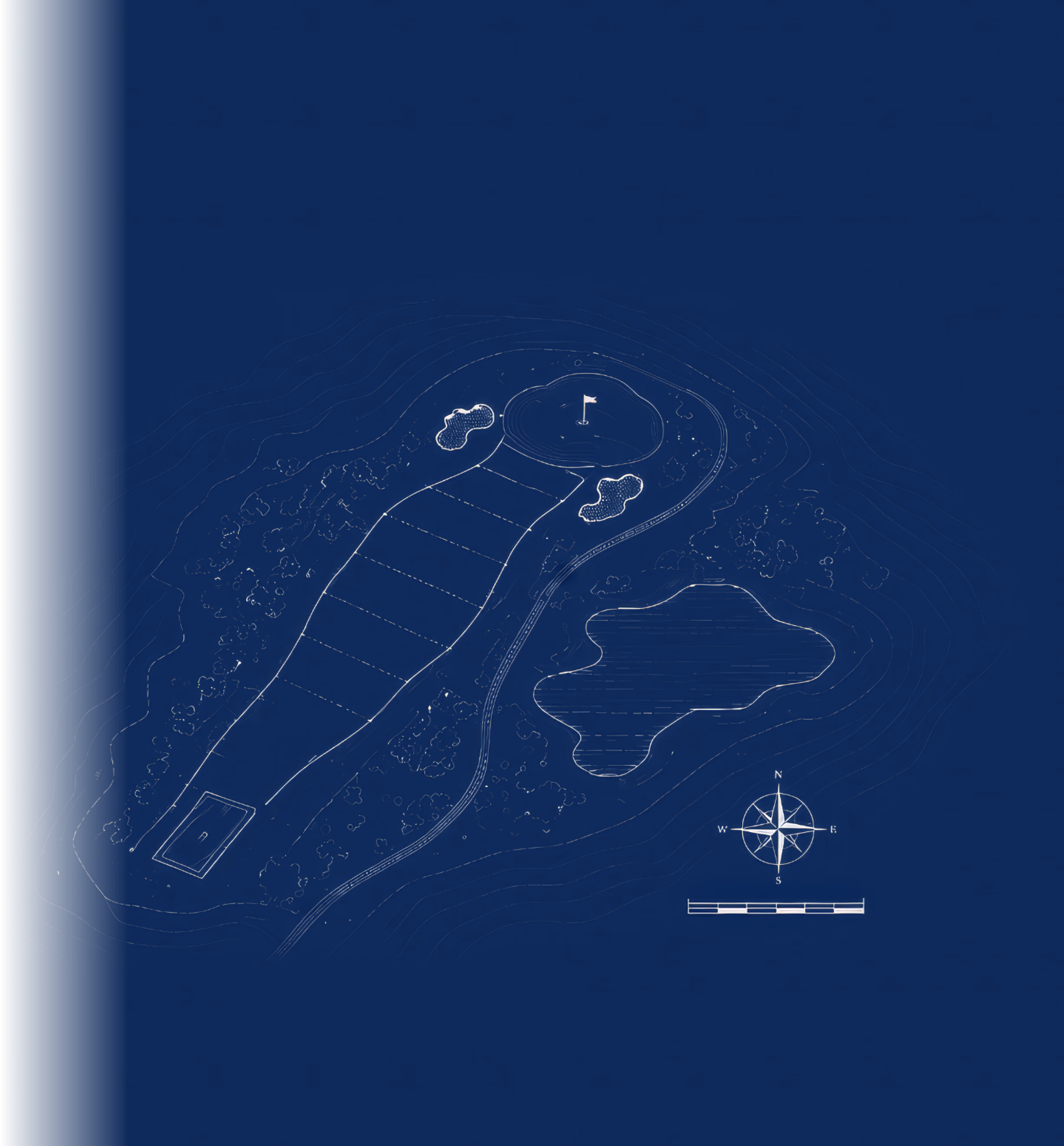 Blueprint-style map with compass rose and scale bar on dark blue background