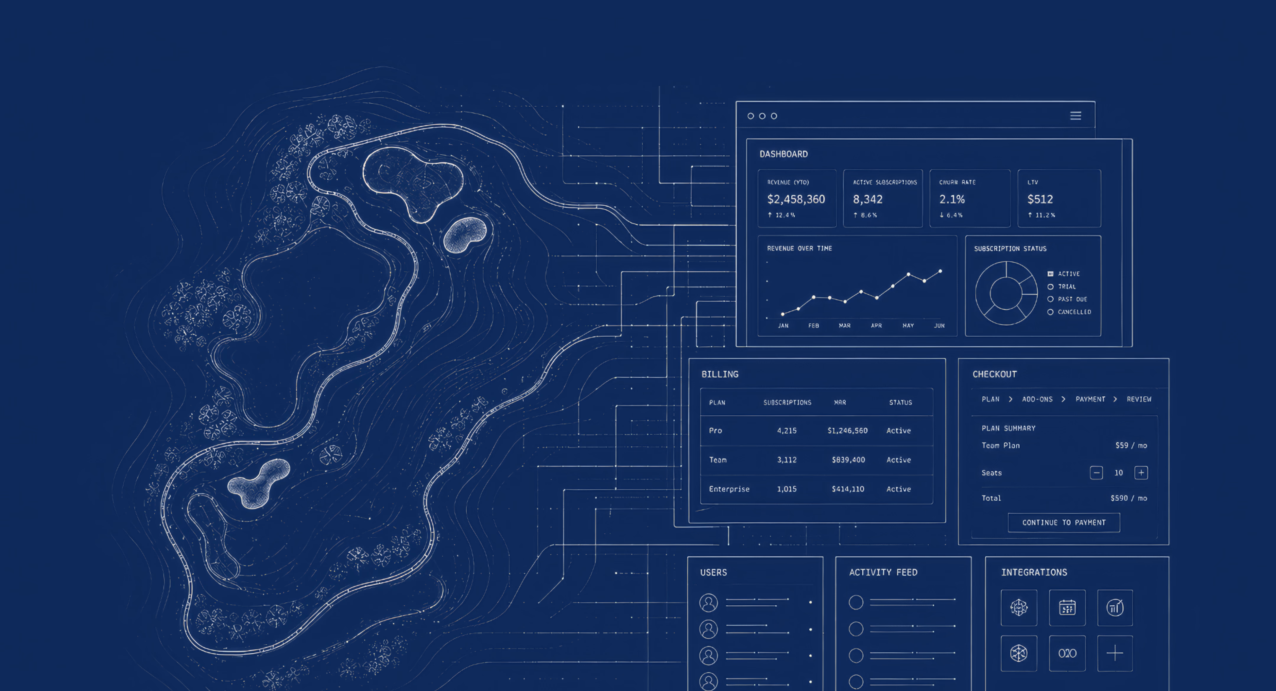 Digital dashboard with topographic map and analytics charts displaying performance metrics and data visualization in blue tones