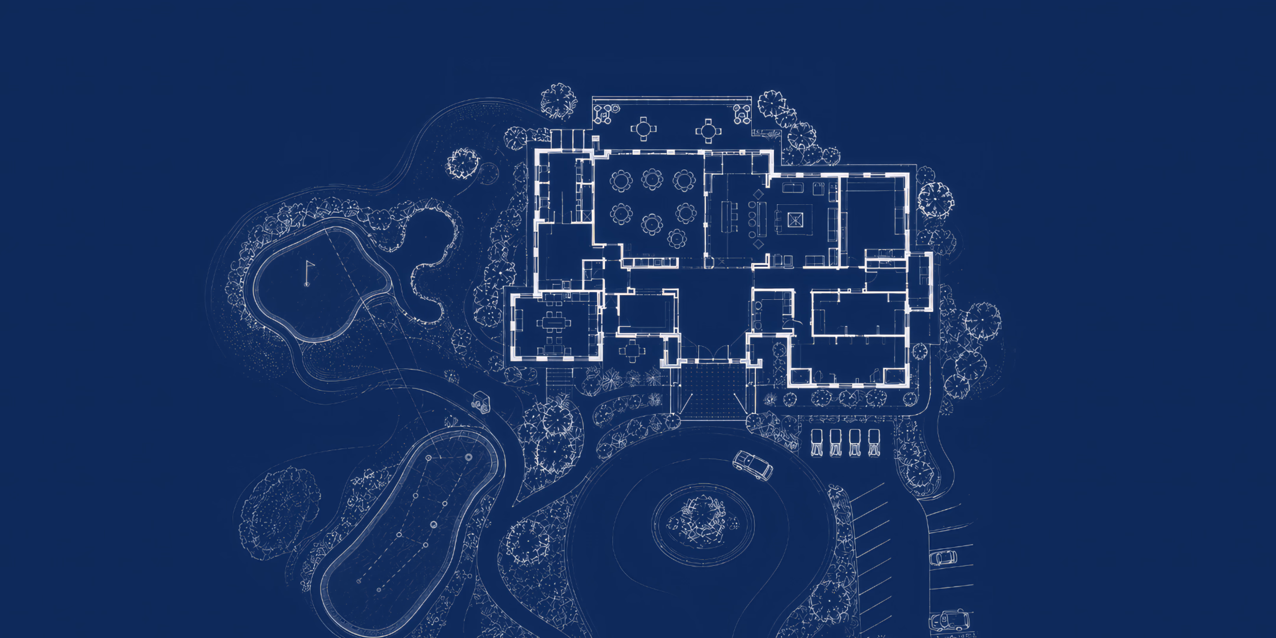 Architectural blueprint showing floor plan layout with surrounding landscape design on blue background