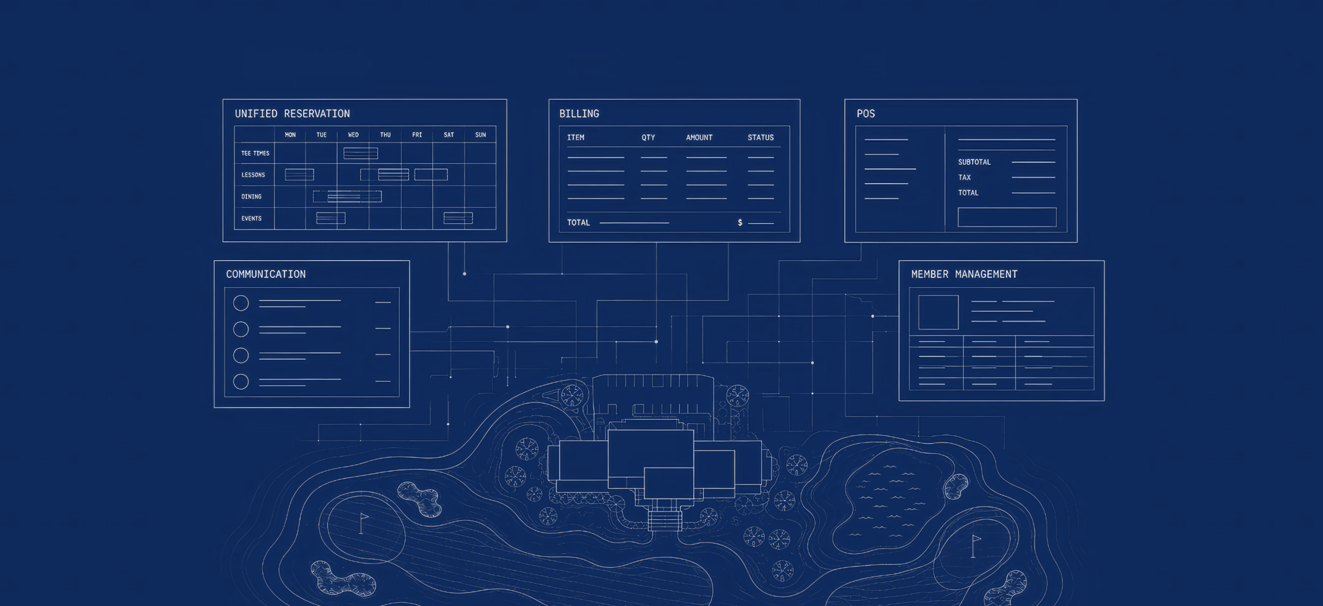 Blueprint-style technical diagram with interface panels and circuit board design on dark blue background