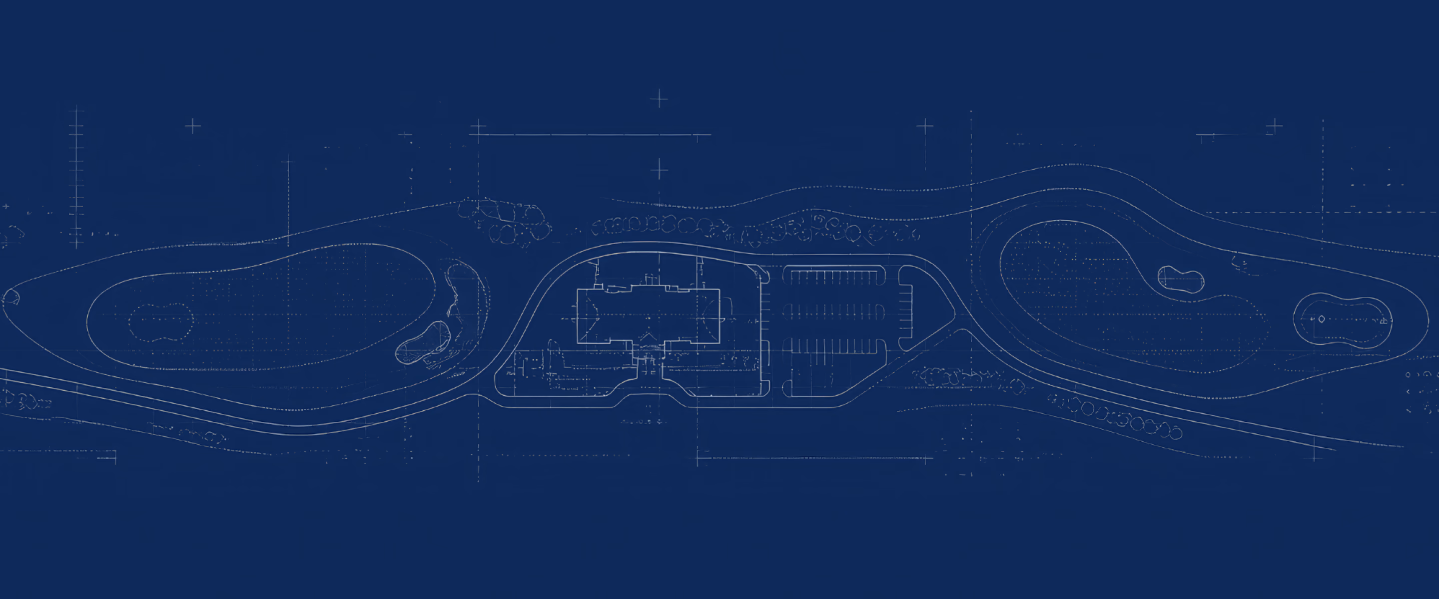 Blueprint-style architectural site plan with curved pathways and building layouts on dark blue background